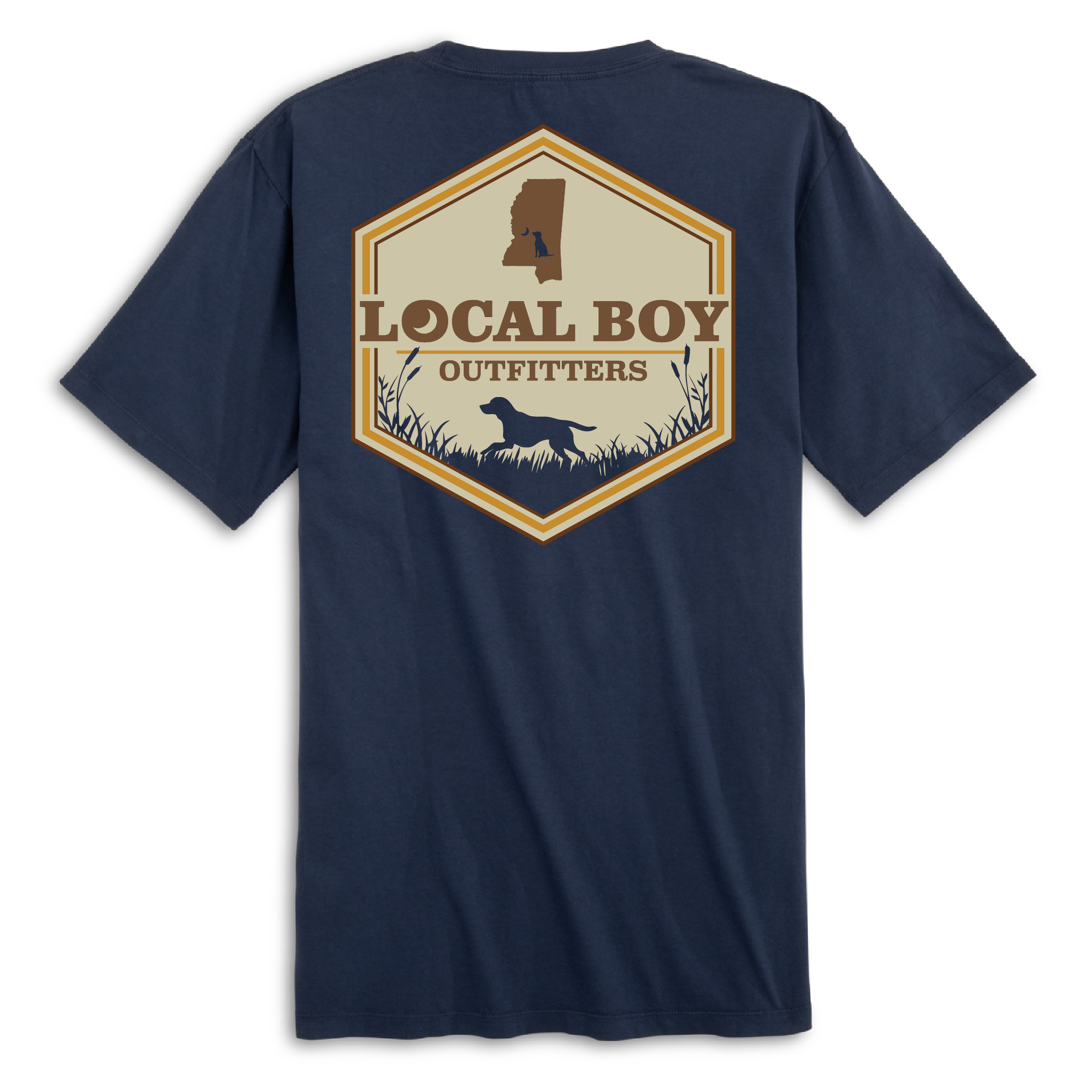 Back view of navy short sleeve t-shirt with Local Boy Outfitters hexagon logo featuring Mississippi state outline, retriever silhouette, and cattails.