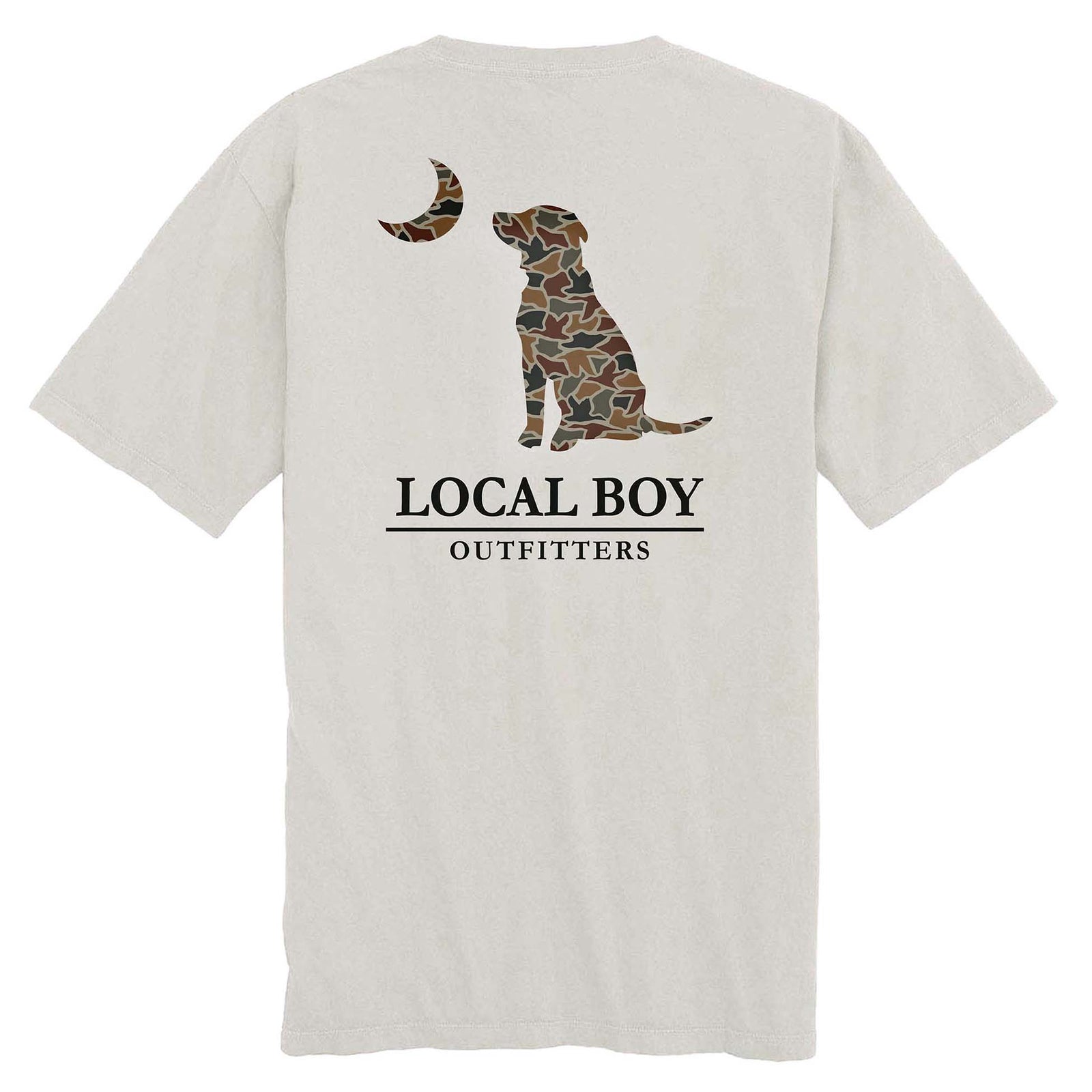 Local Boy Outfitters silver short sleeve t-shirt with camo dog and crescent moon graphic on back, above “Local Boy Outfitters” text.