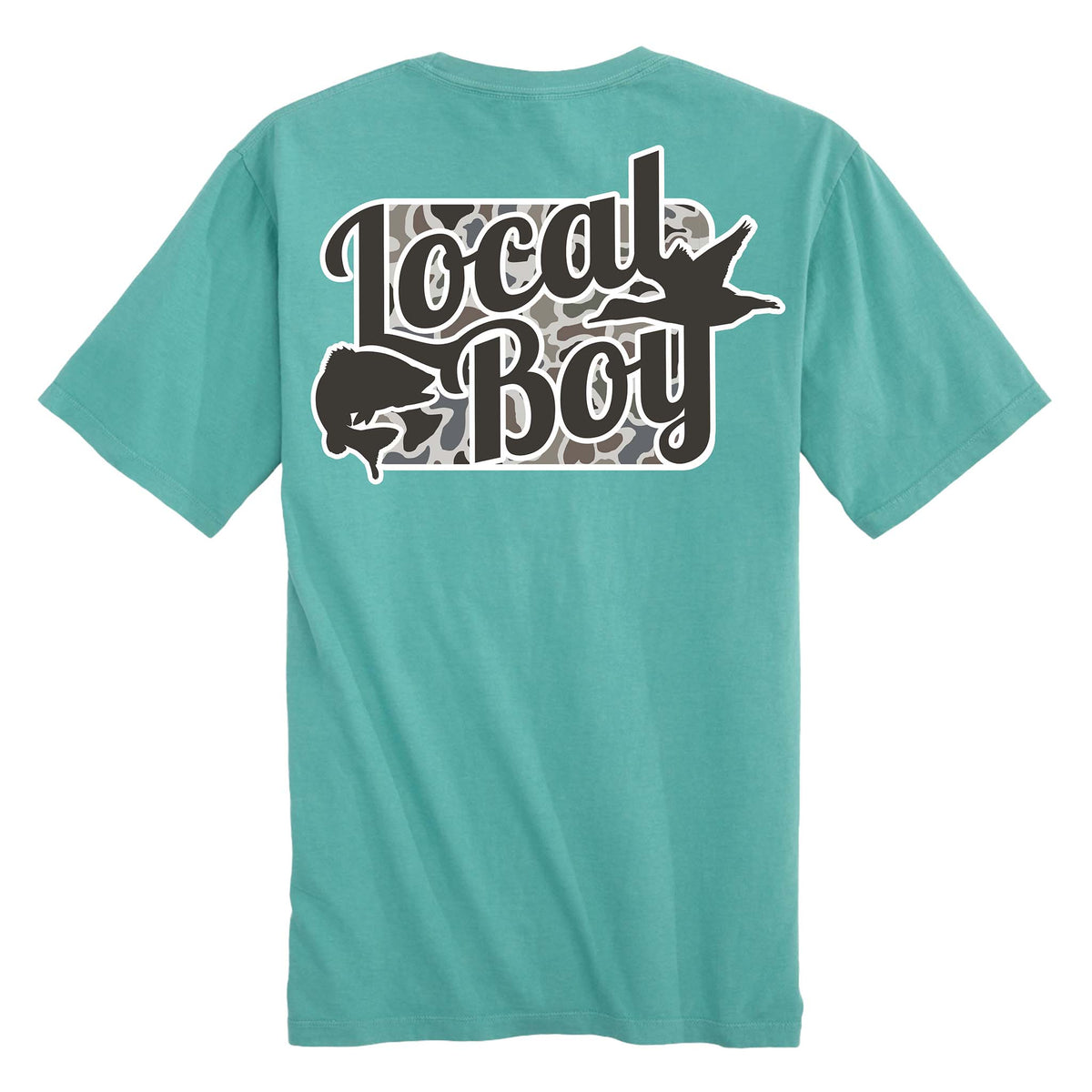 Back view of a seafoam green Local Boy short sleeve t-shirt with large camo print logo, featuring a fish and duck silhouette on the back.