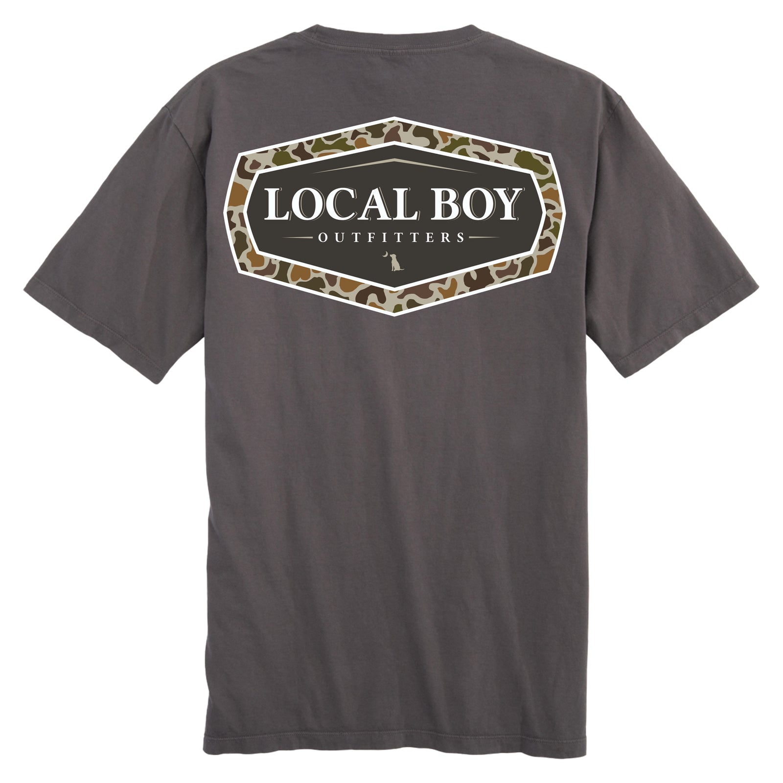 Dark grey short sleeve t-shirt with camo badge and Local Boy Outfitters logo on back shown on a white background.