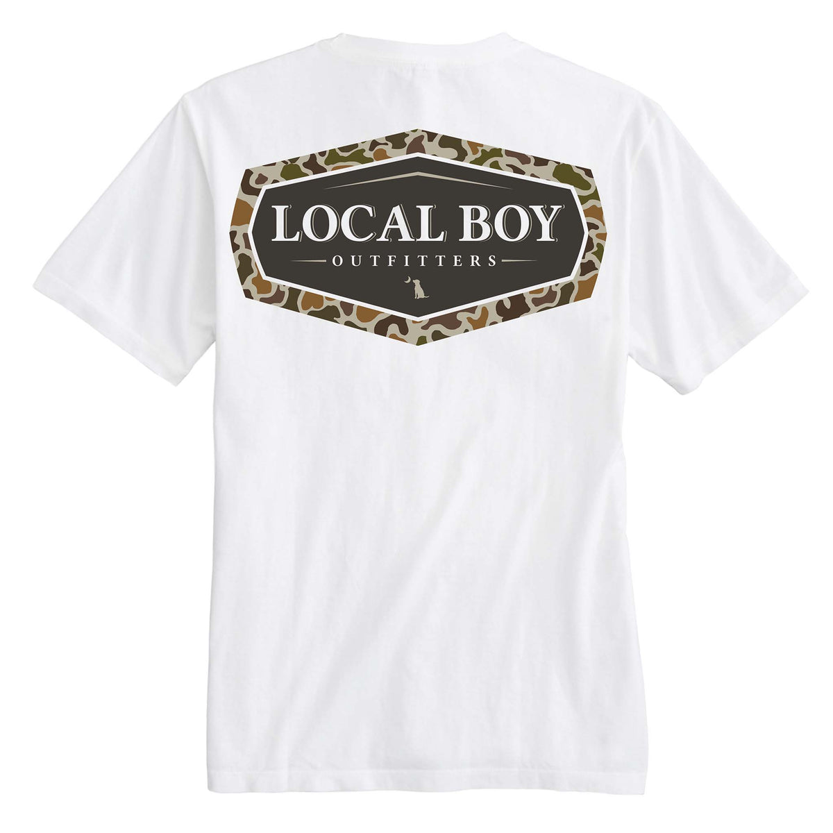 Back view of a white Local Boy Outfitters short sleeve t-shirt featuring a camo-outlined badge logo with text and small dog silhouette in the center.