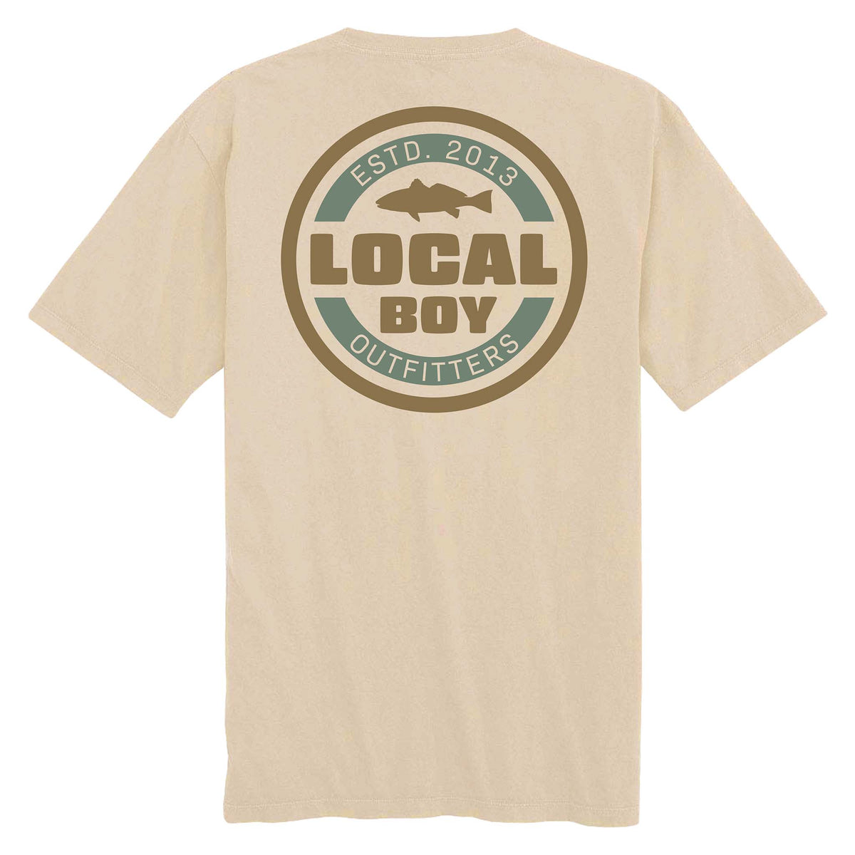 Back view of a beige short sleeve t-shirt featuring a circular Local Boy Outfitters logo with a redfish graphic and “ESTD. 2013” text.