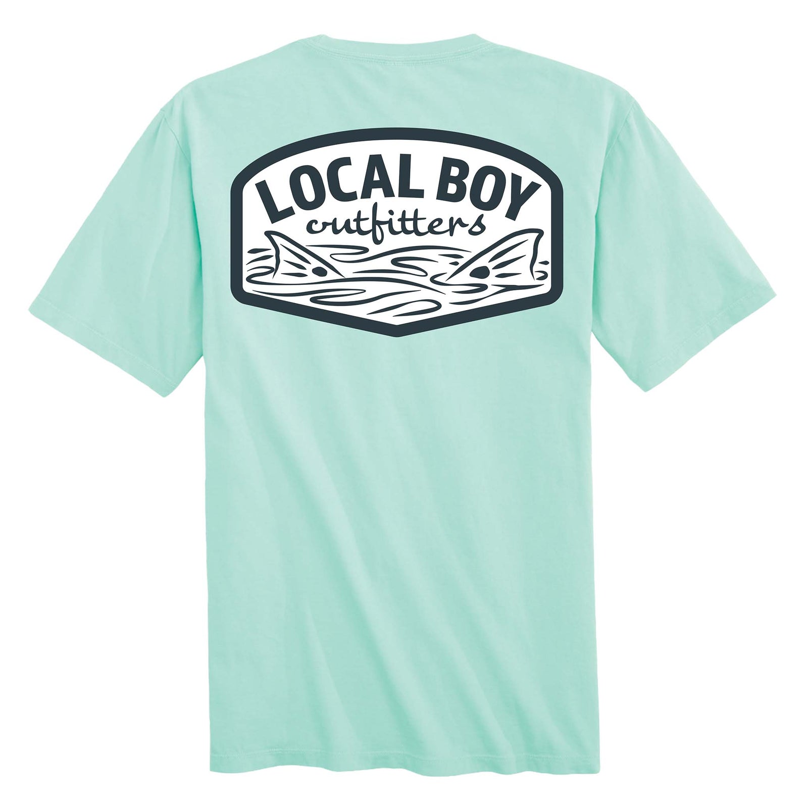 Local Boy Outfitters aqua green short sleeve t-shirt with bold logo graphic featuring fish tails above water and "Local Boy Outfitters" text on back.