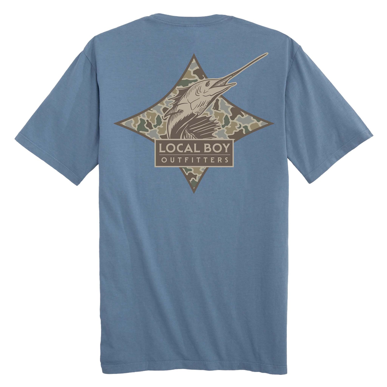 local boy outfitters Sand Dog and Moon Camo Sailfish Short Sleeve T-Shirt in slate blue