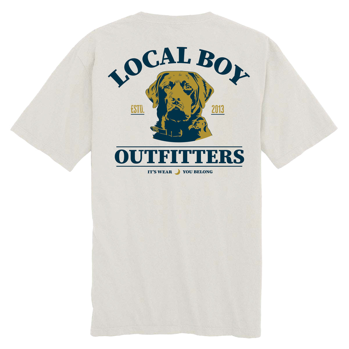 Local Boy Outfitters Silver Short Sleeve T-Shirt with large back graphic of Labrador retriever portrait, “ESTD 2013” detail, and bold Local Boy Outfitters text.