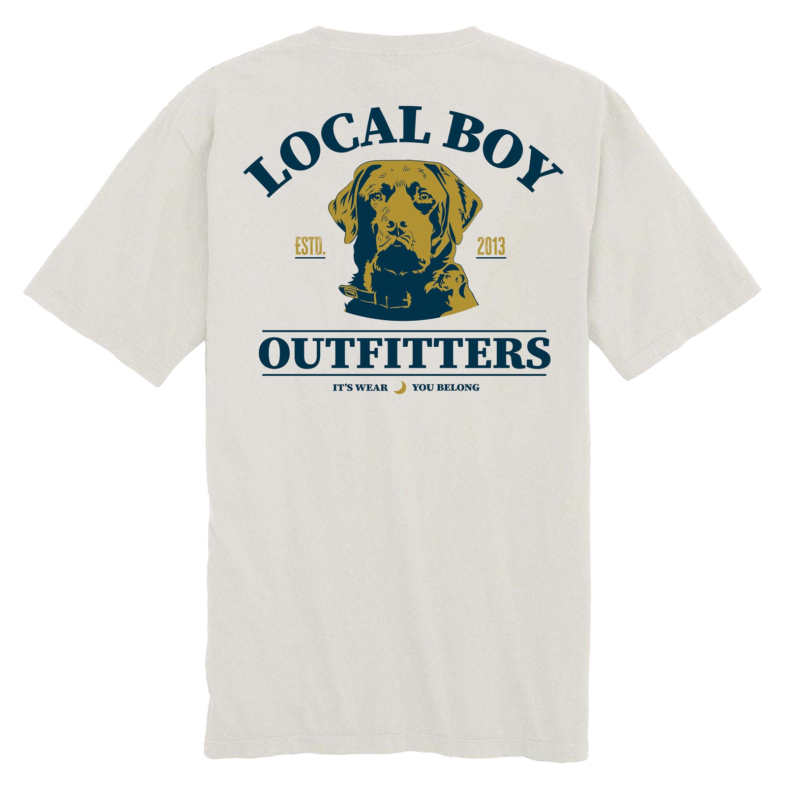 Local Boy Outfitters Silver Short Sleeve T-Shirt with large back graphic of Labrador retriever portrait, “ESTD 2013” detail, and bold Local Boy Outfitters text.