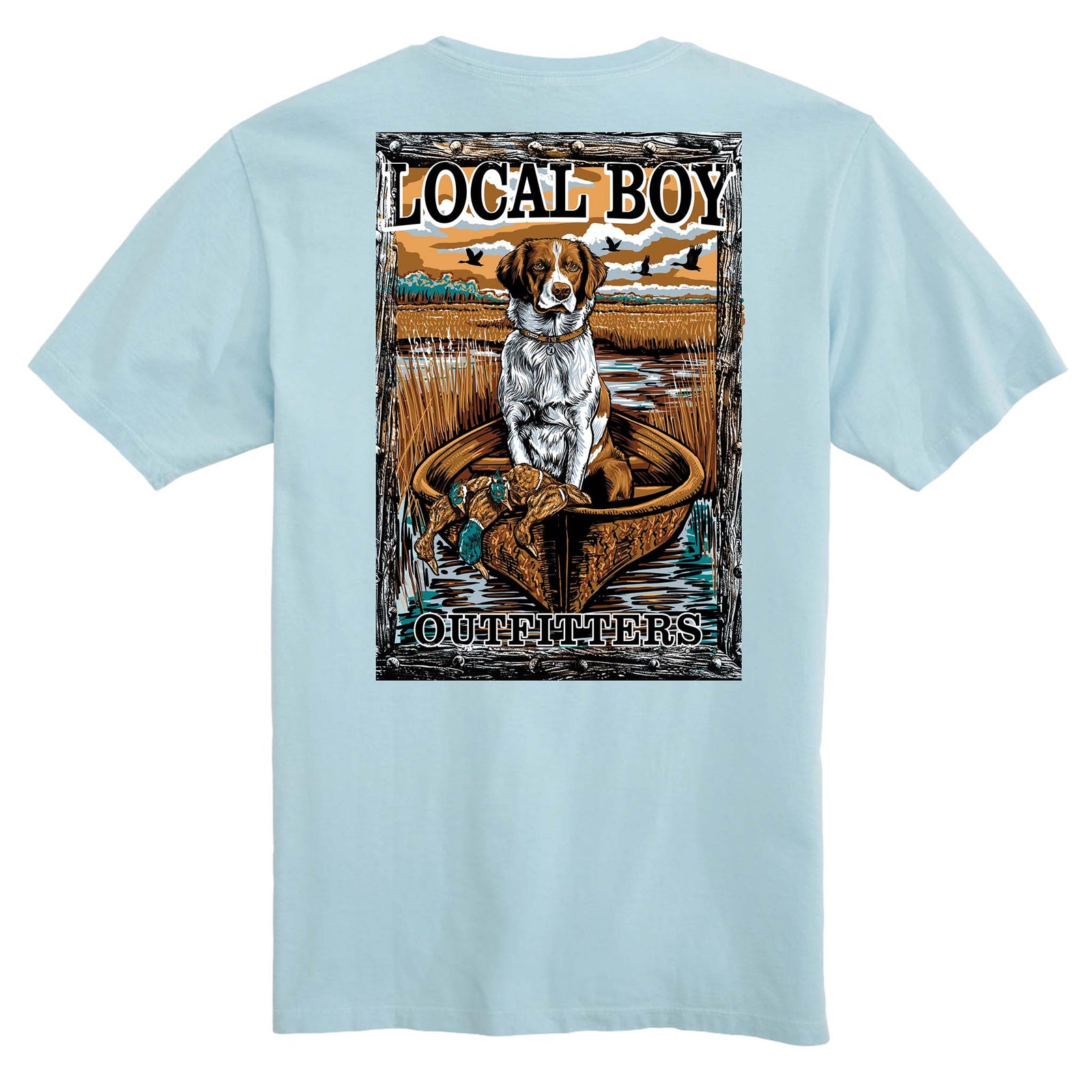 Back view of a light blue short sleeve t-shirt featuring a hunting dog sitting in a boat with ducks, marsh scenery, and “Local Boy Outfitters” text above and below.