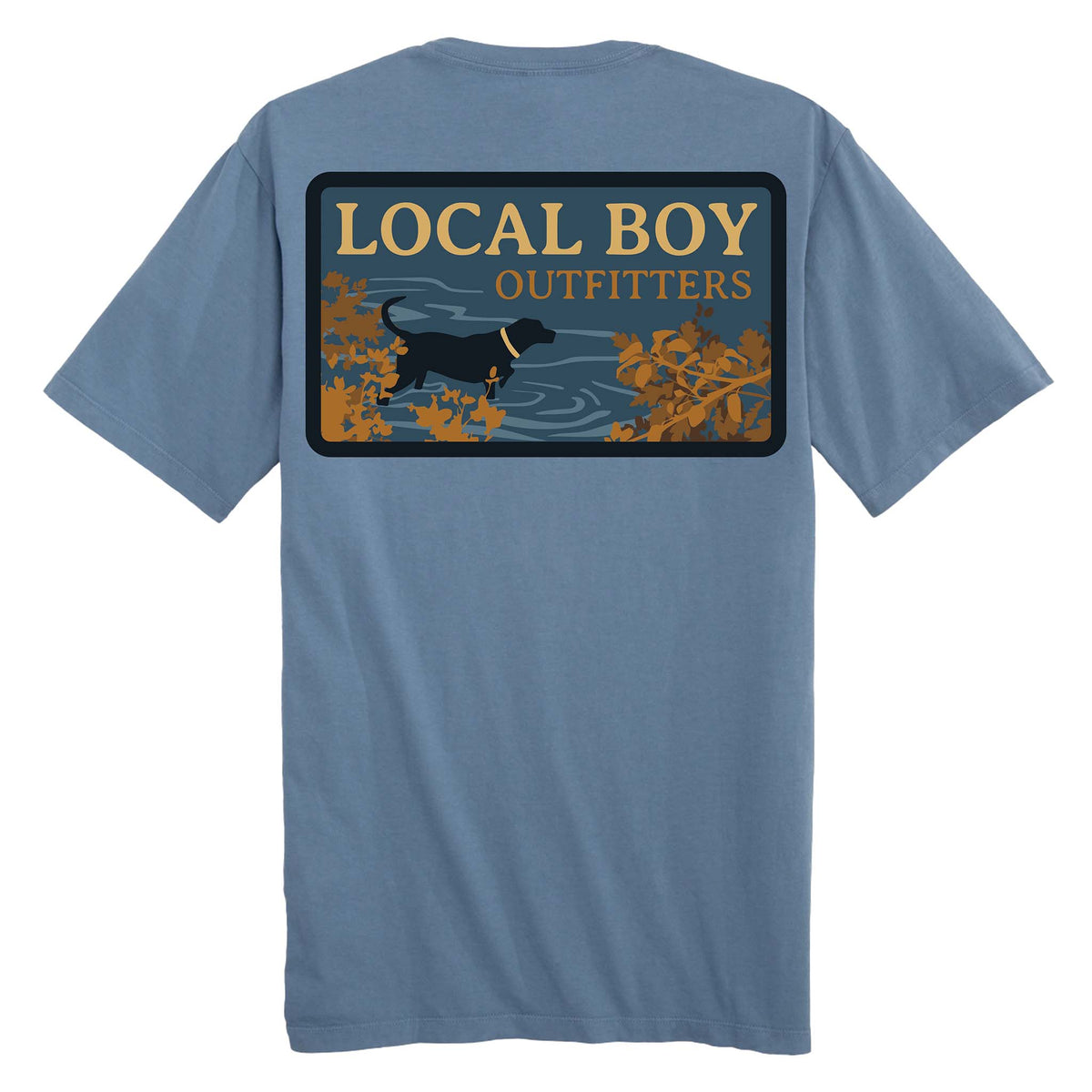 Back view of a slate blue short sleeve t-shirt featuring a silhouette of a dog in water surrounded by foliage, with “Local Boy Outfitters” text above the scene.