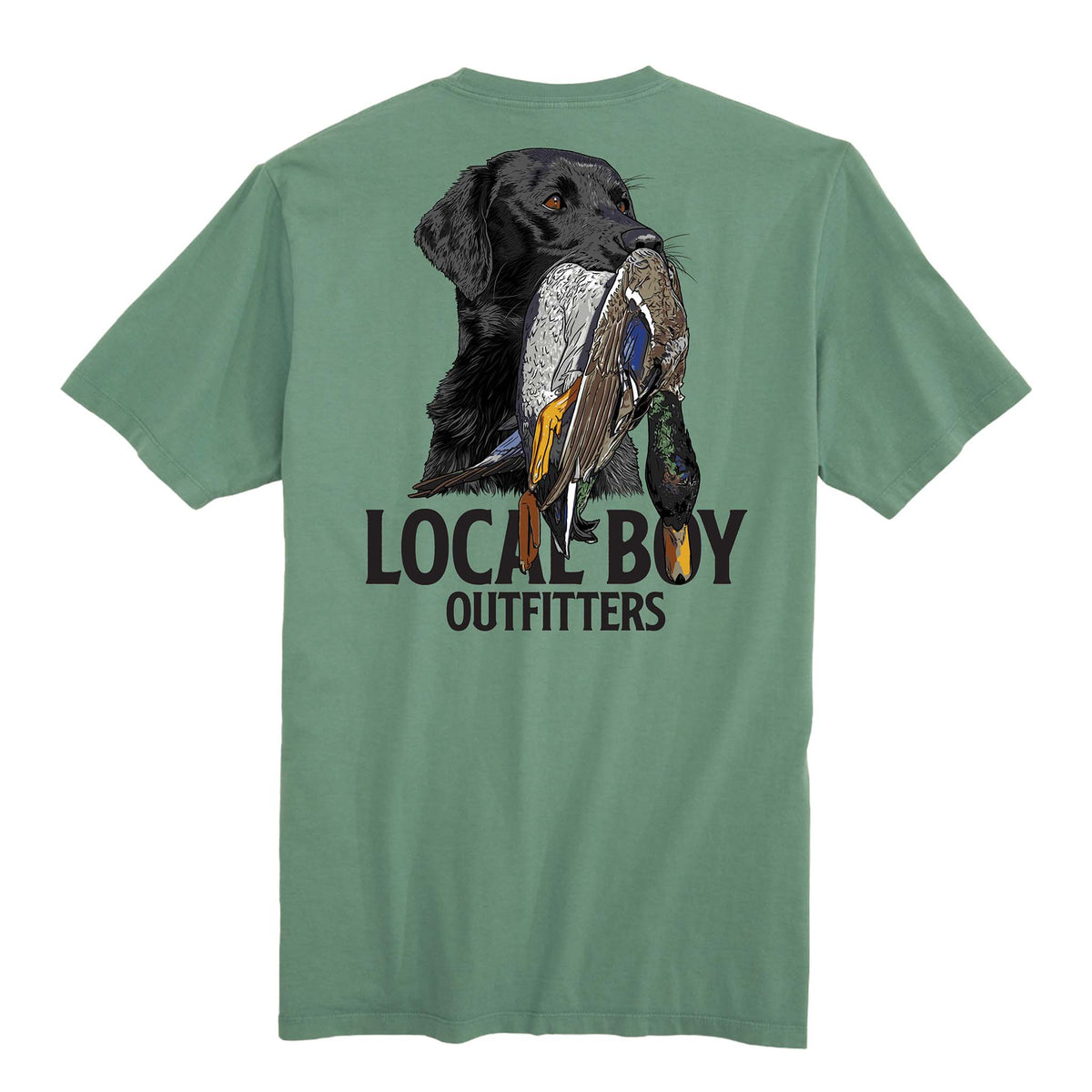 Back view of a light green Local Boy Outfitters t-shirt featuring a black lab holding a duck in its mouth above bold logo text.