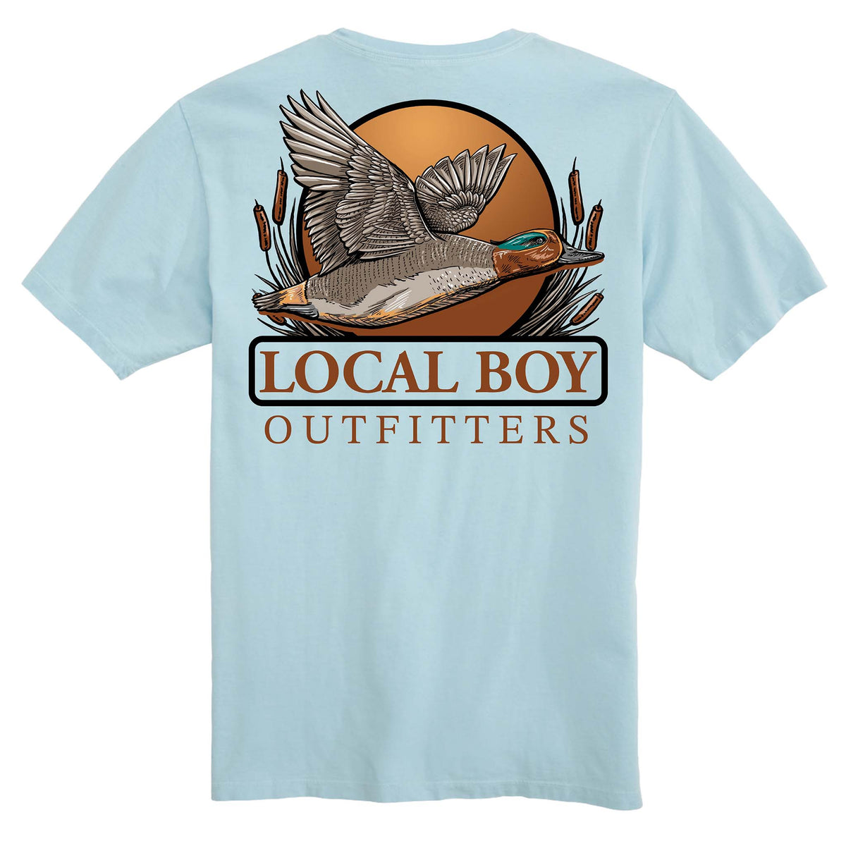 local boy outfitters short sleeve t-shirt with a mallard in flight and LBO logo on the back. 