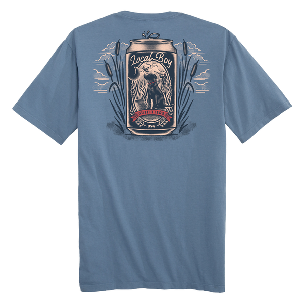 Local Boy Outfitters short sleeve blue t-shirt with beer can design and dog shown in the middle of the can.