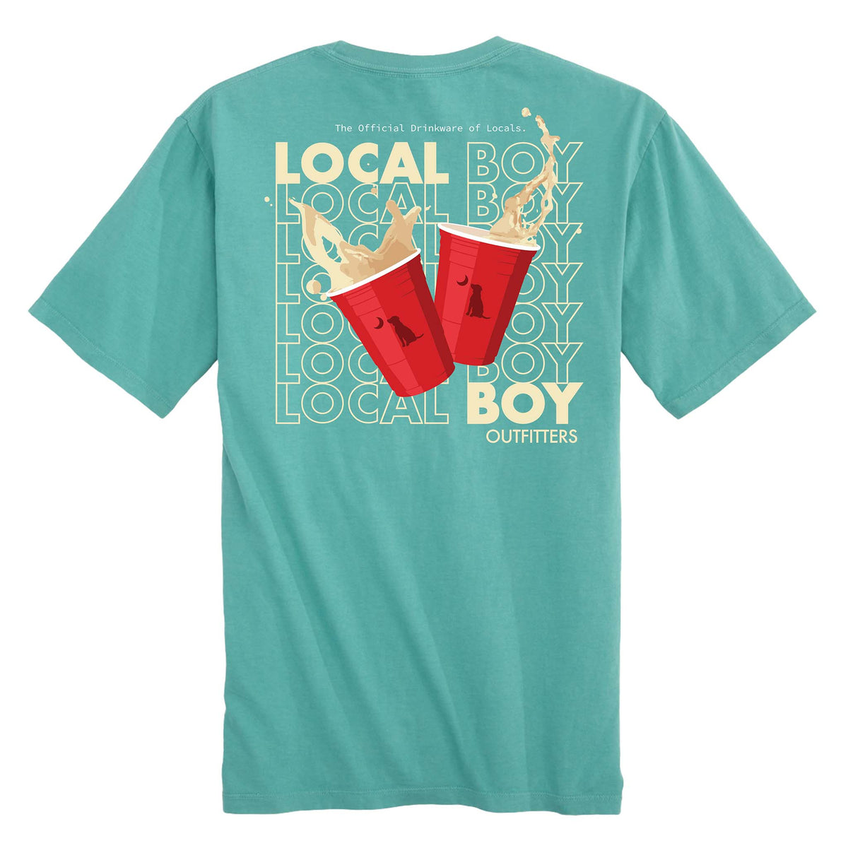 Teal t-shirt with red cups and text on the back, displayed on a white background