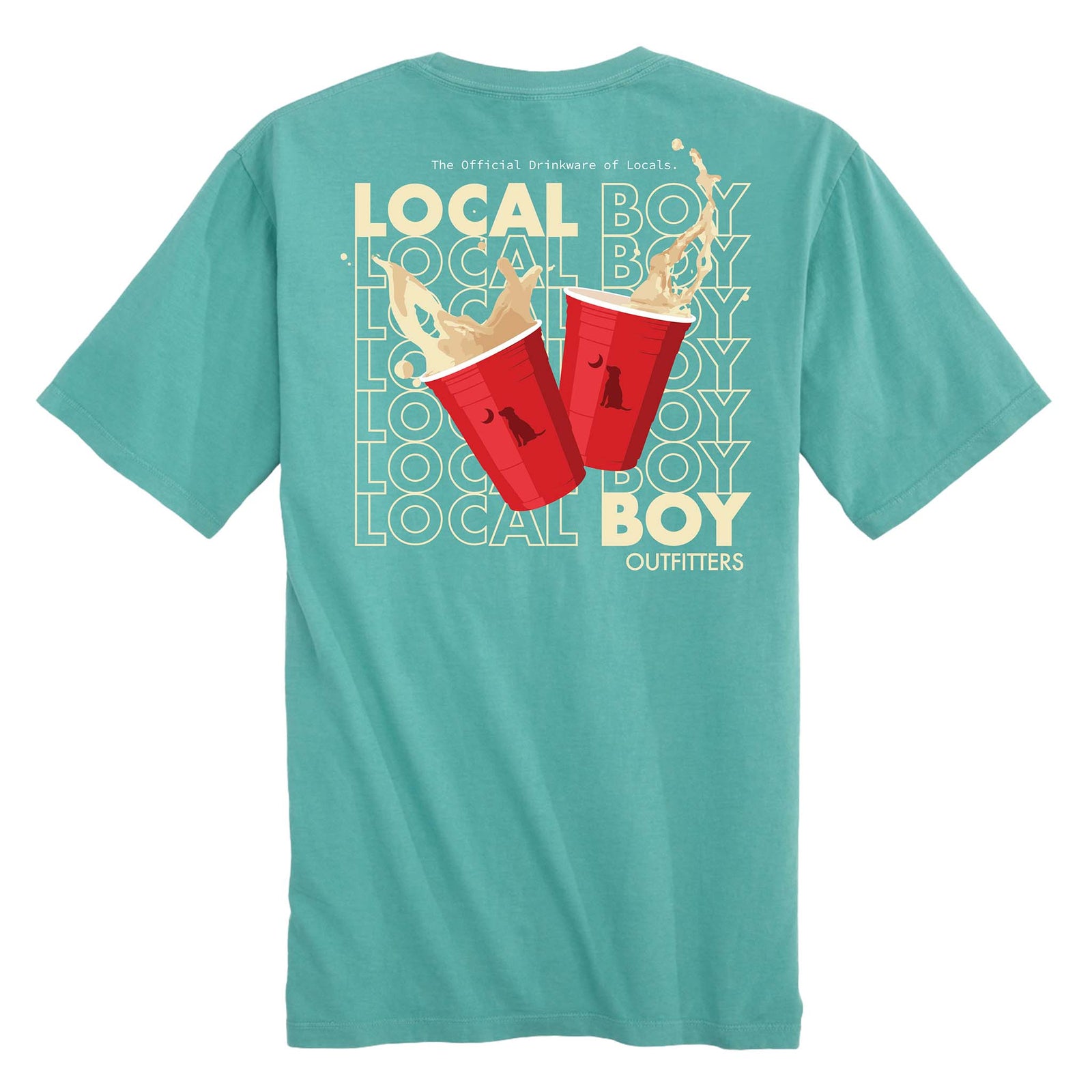 Teal t-shirt with red cups and text on the back, displayed on a white background