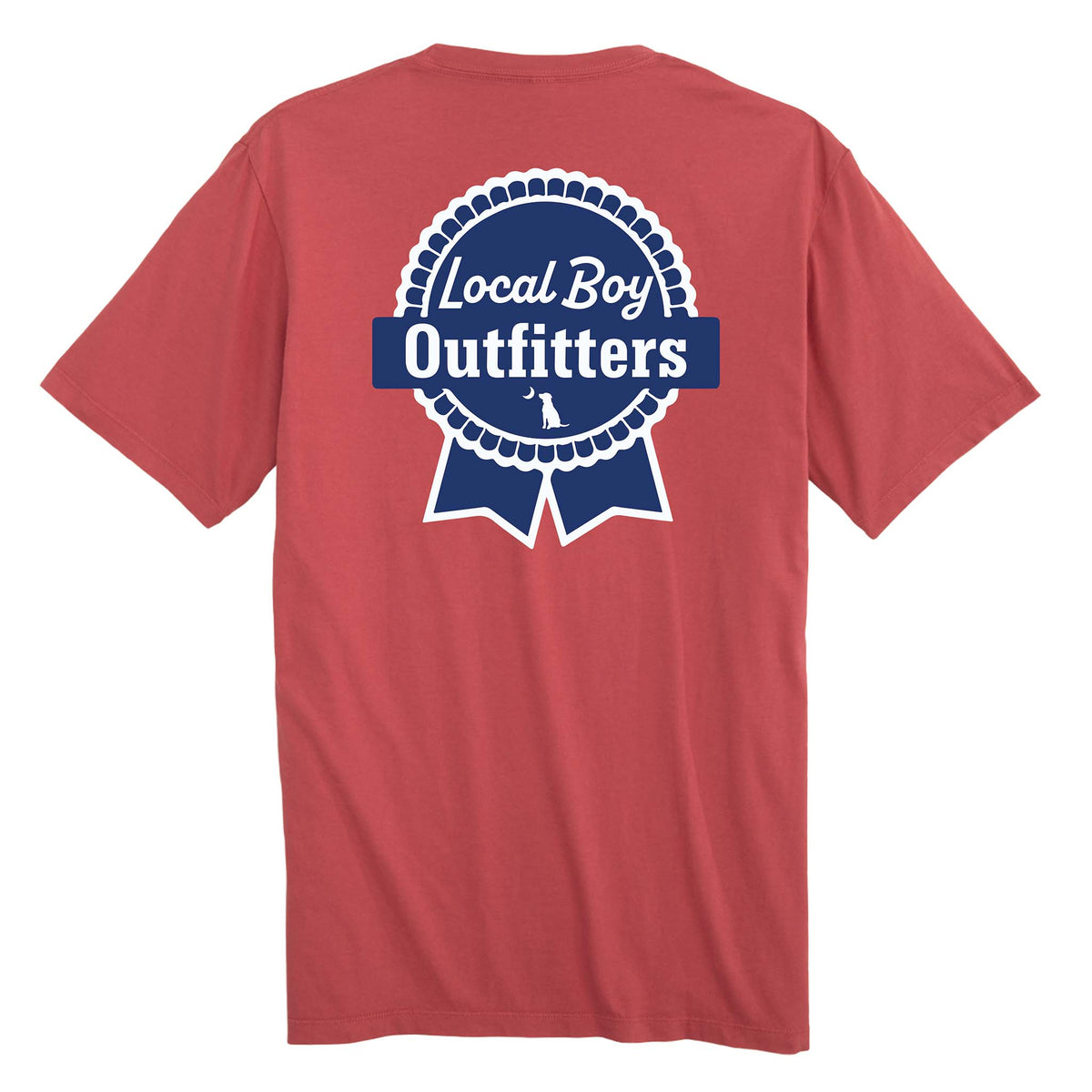 Red t-shirt with 'Local Boy Outfitters' logo on the back against a white background