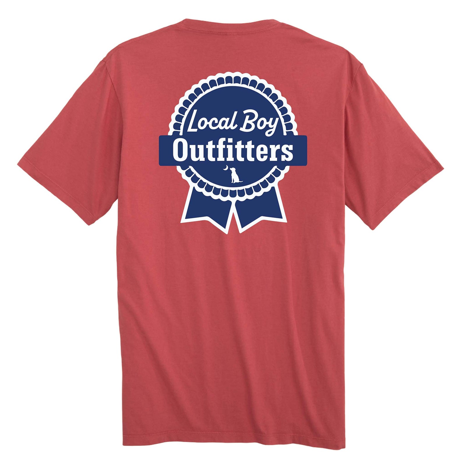 Red t-shirt with 'Local Boy Outfitters' logo on the back against a white background