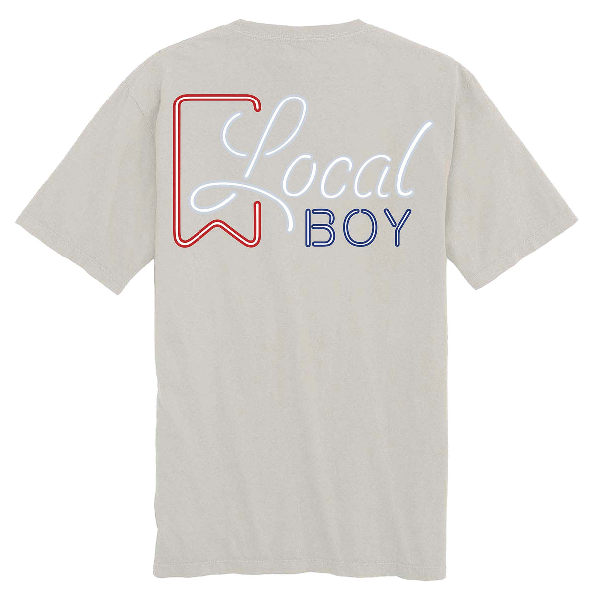 Grey t-shirt with 'Local Boy' text on the back against a white background