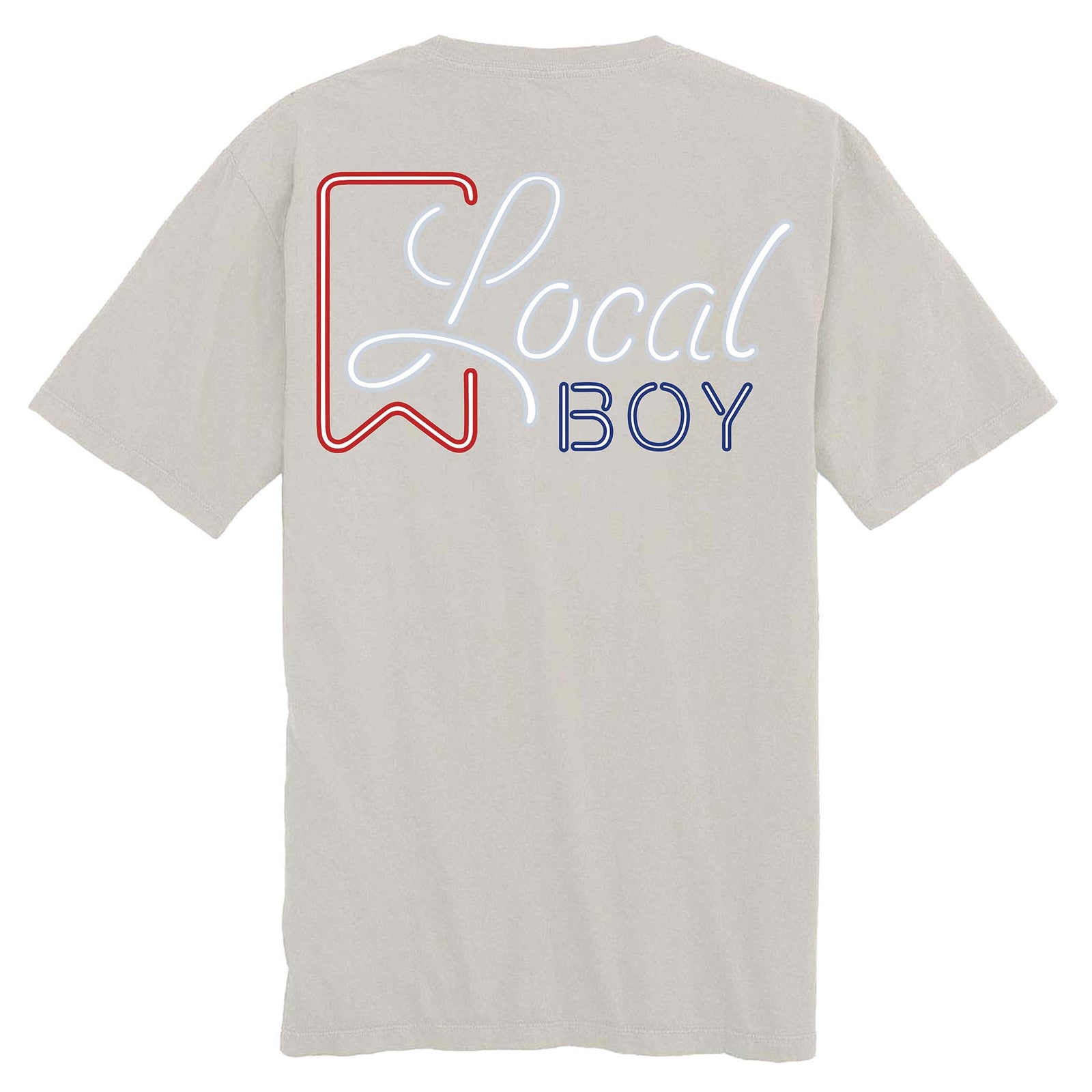 Grey t-shirt with 'Local Boy' text on the back against a white background