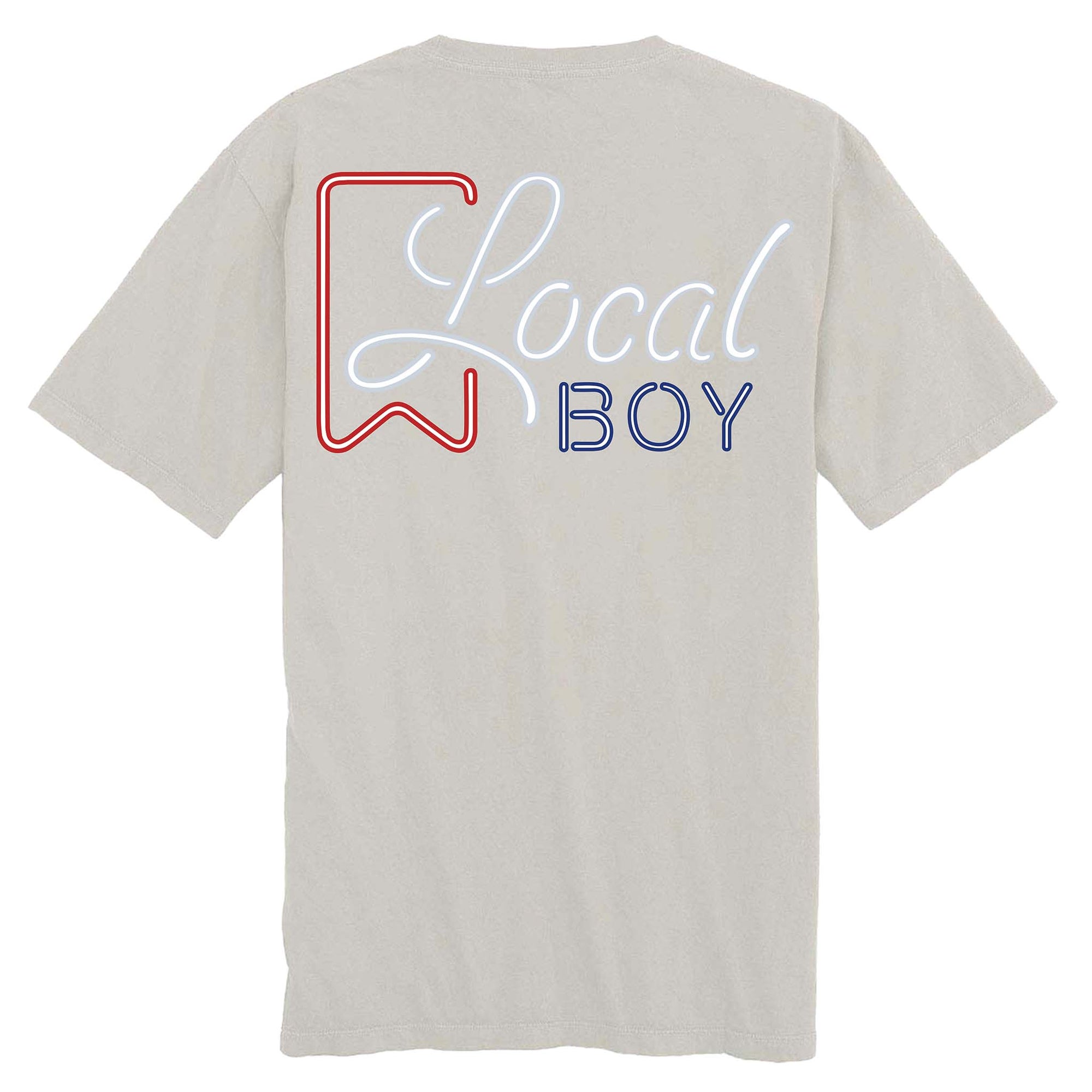 Grey t-shirt with 'Local Boy' text on the back against a white background