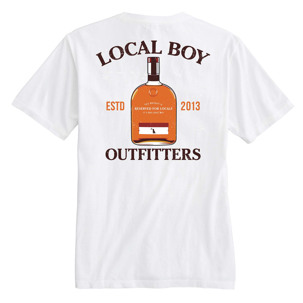 White t-shirt with a bottle graphic and text on the back, on a white background