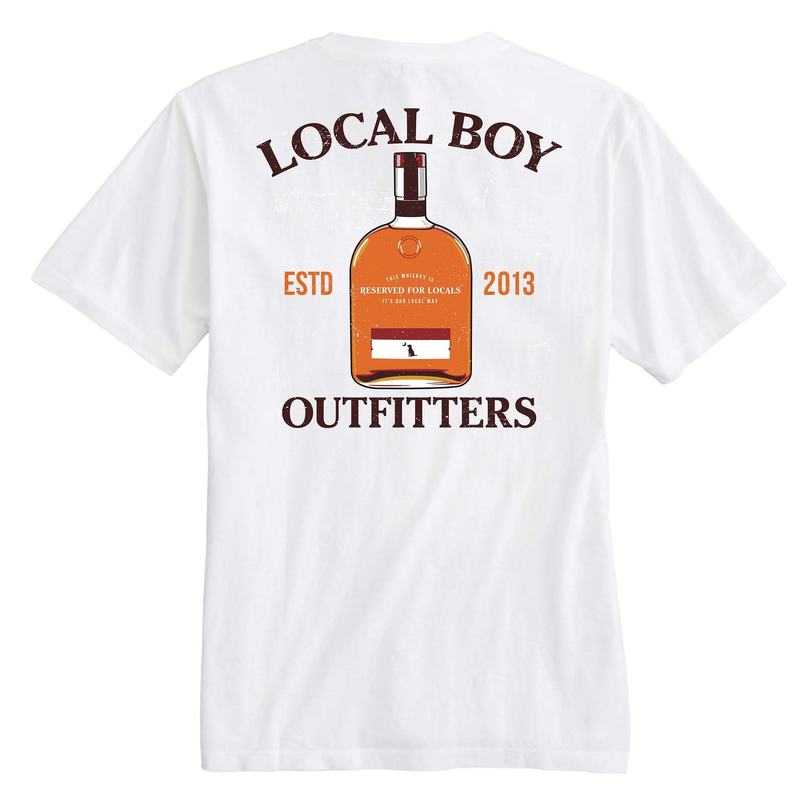 White t-shirt with a bottle graphic and text on the back, on a white background