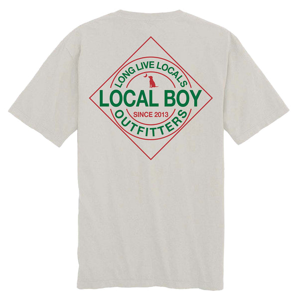 Grey t-shirt with 'Local Boy Outfitters' logo on the back against a white background