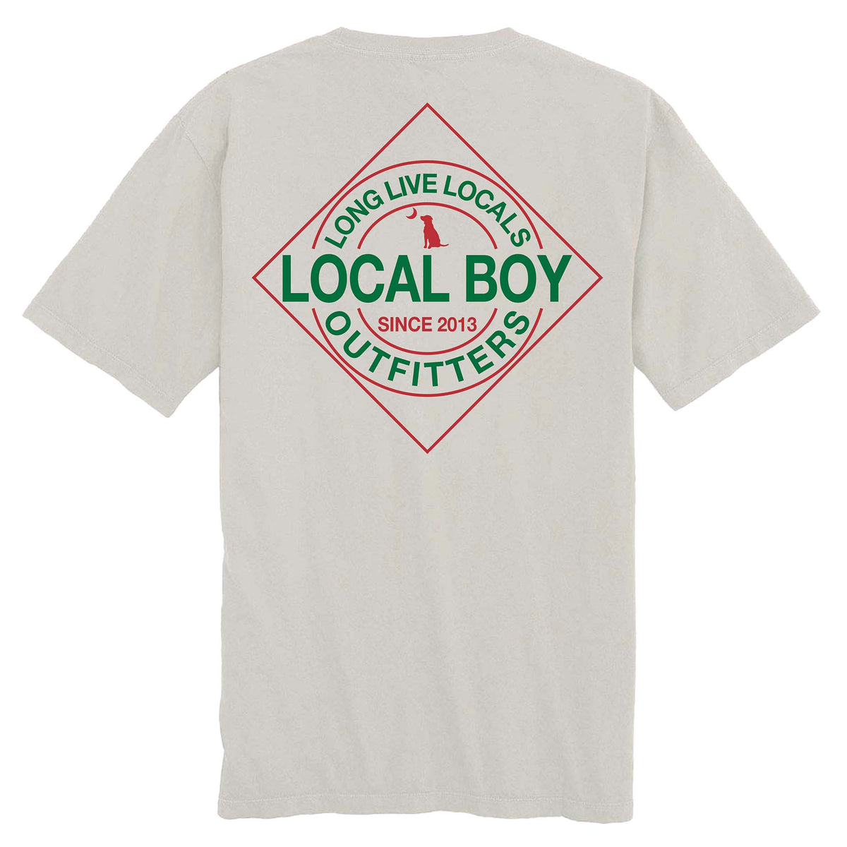 Grey t-shirt with 'Local Boy Outfitters' logo on the back against a white background