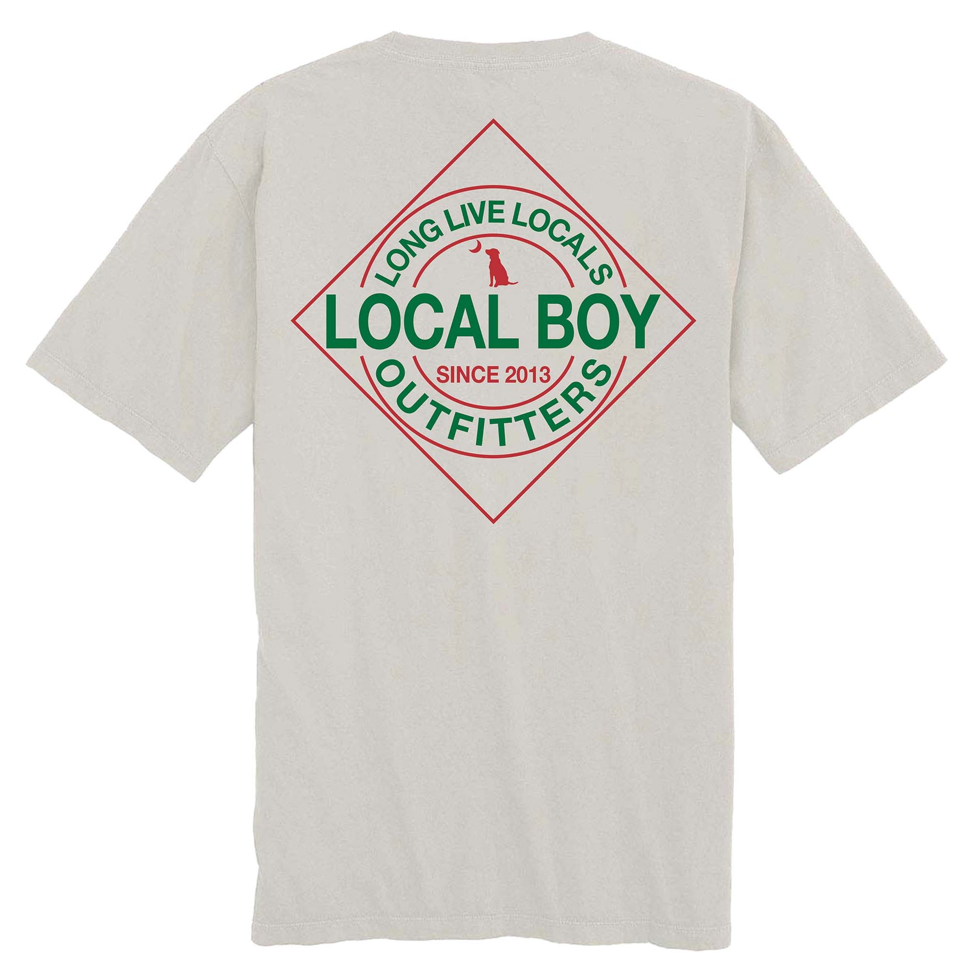 Grey t-shirt with 'Local Boy Outfitters' logo on the back against a white background