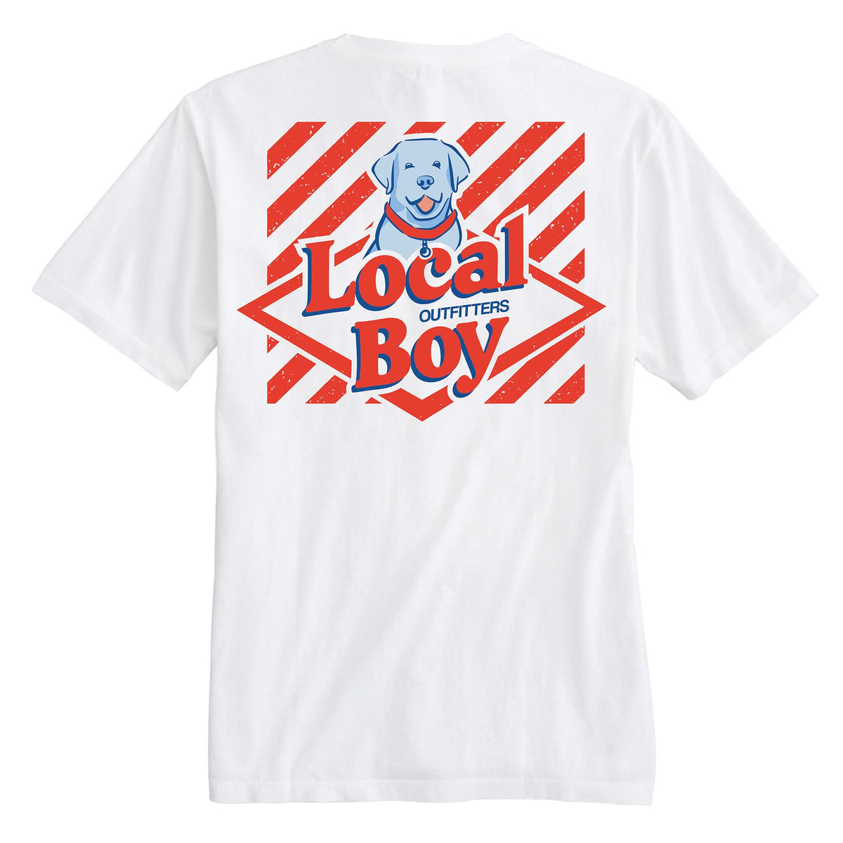 White t-shirt with 'Local Boy' graphic design on a white background