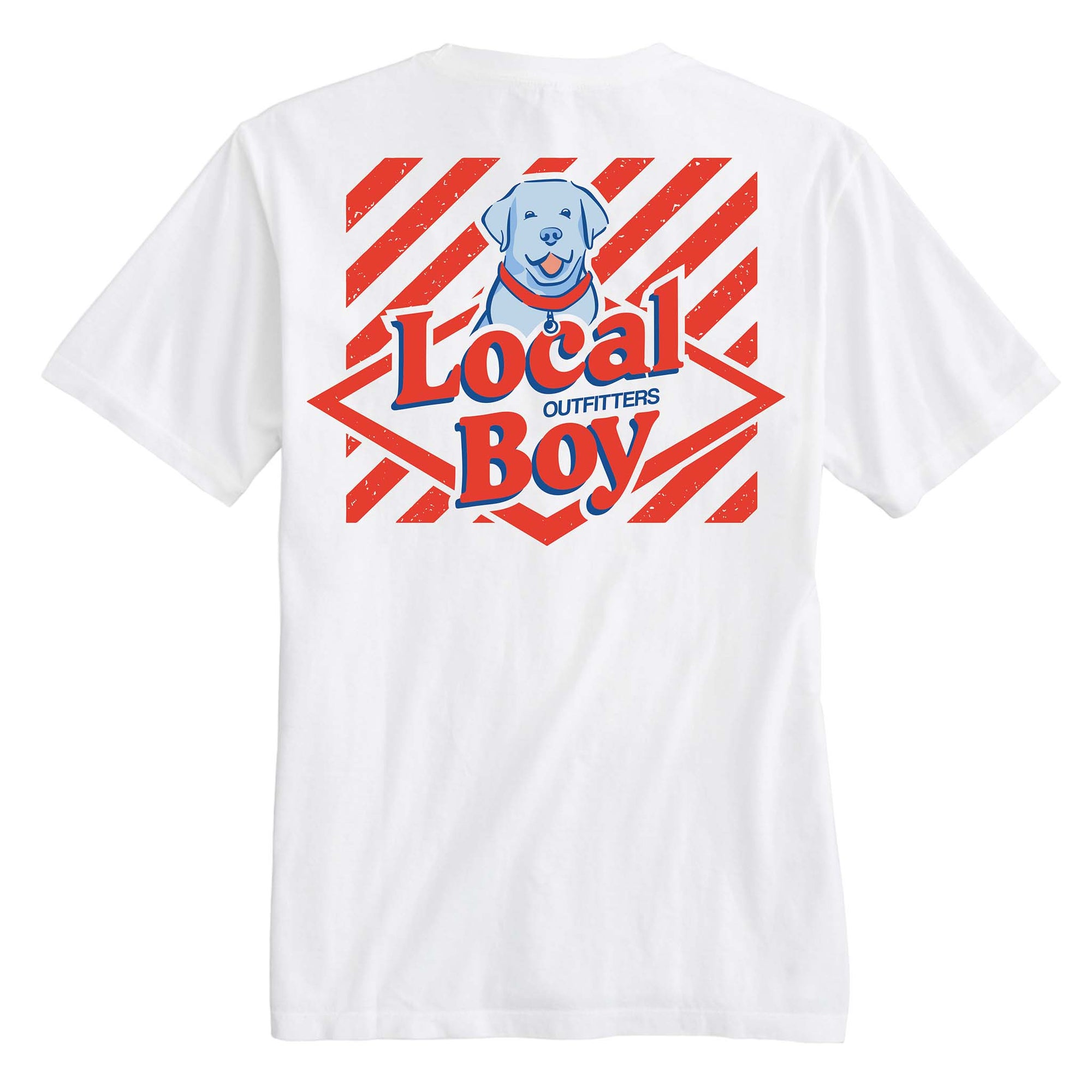 White t-shirt with 'Local Boy' graphic design on a white background