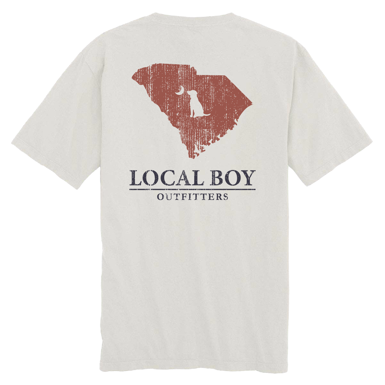 Grey t-shirt with a red outline of a SC state and 'Local Boy Outfitters' text displayed on a white background