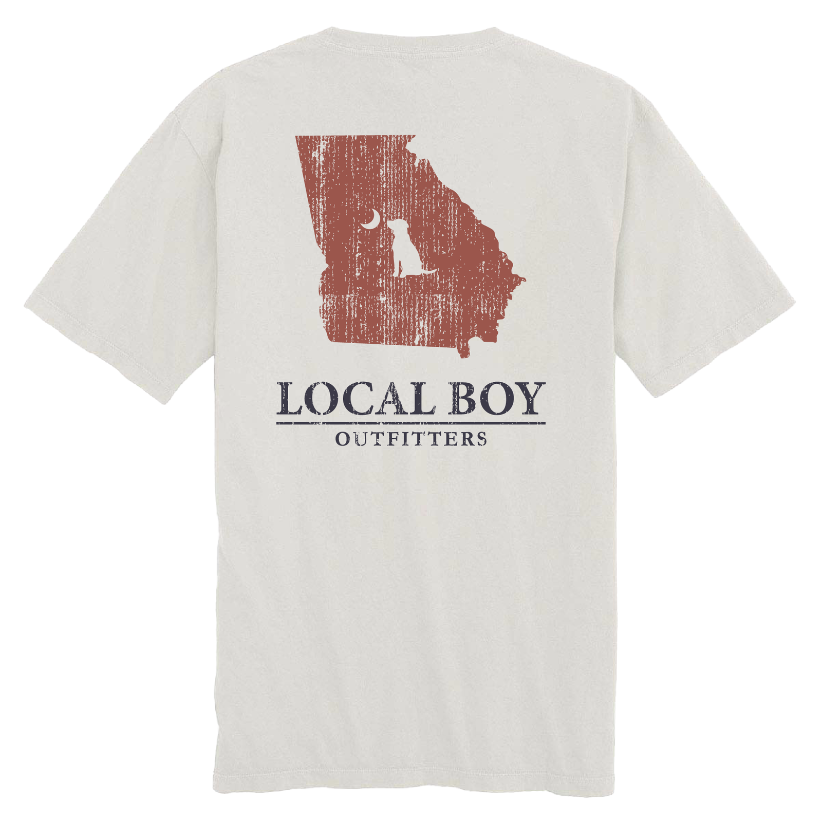 Grey t-shirt with distressed red GA state outline and Local Boy Outfitters logo on back shown on a white background