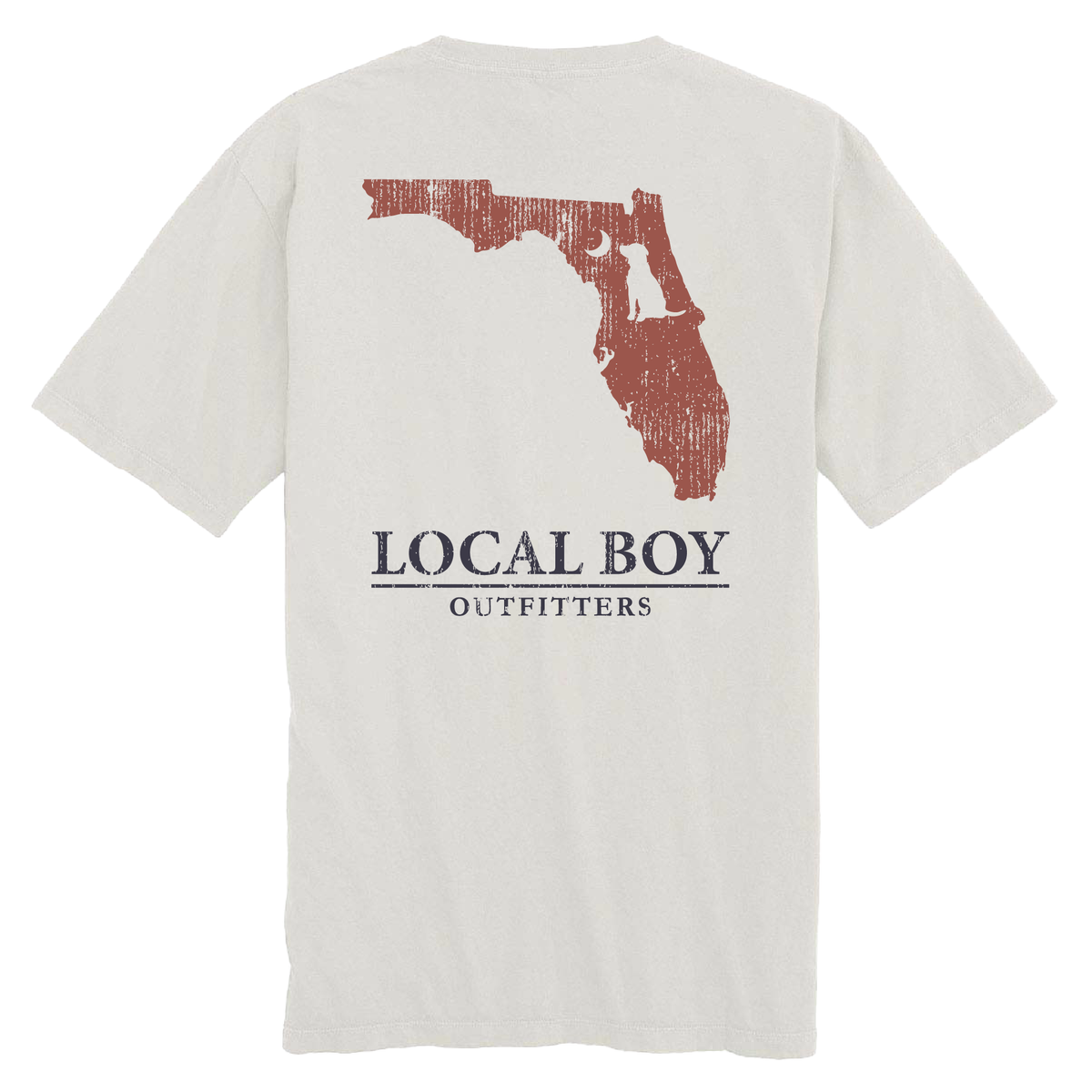 Grey t-shirt with red Florida outline and 'LOCAL BOY OUTFITTERS' text shown on a white background