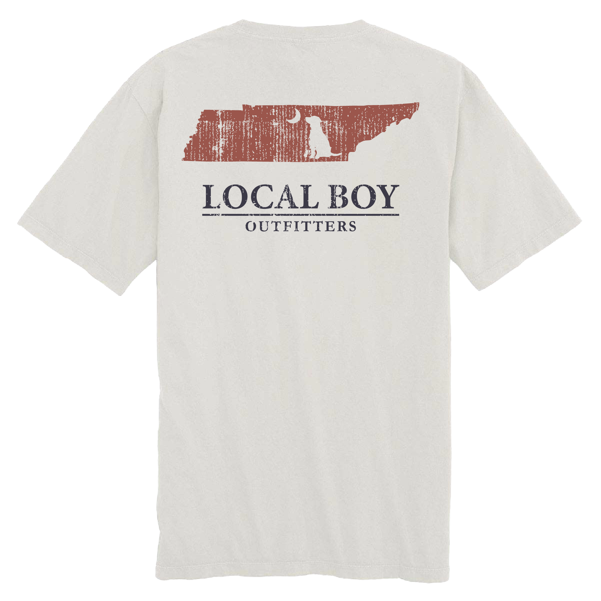 Grey t-shirt with red distressed TN state outline and Local Boy Outfitters logo shown on a white background.