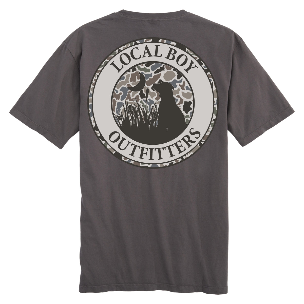 Local Boy Outfitters Gray Short Sleeve T-Shirt with circular camo logo featuring dog silhouette in marsh grass under crescent moon and Local Boy Outfitters text.