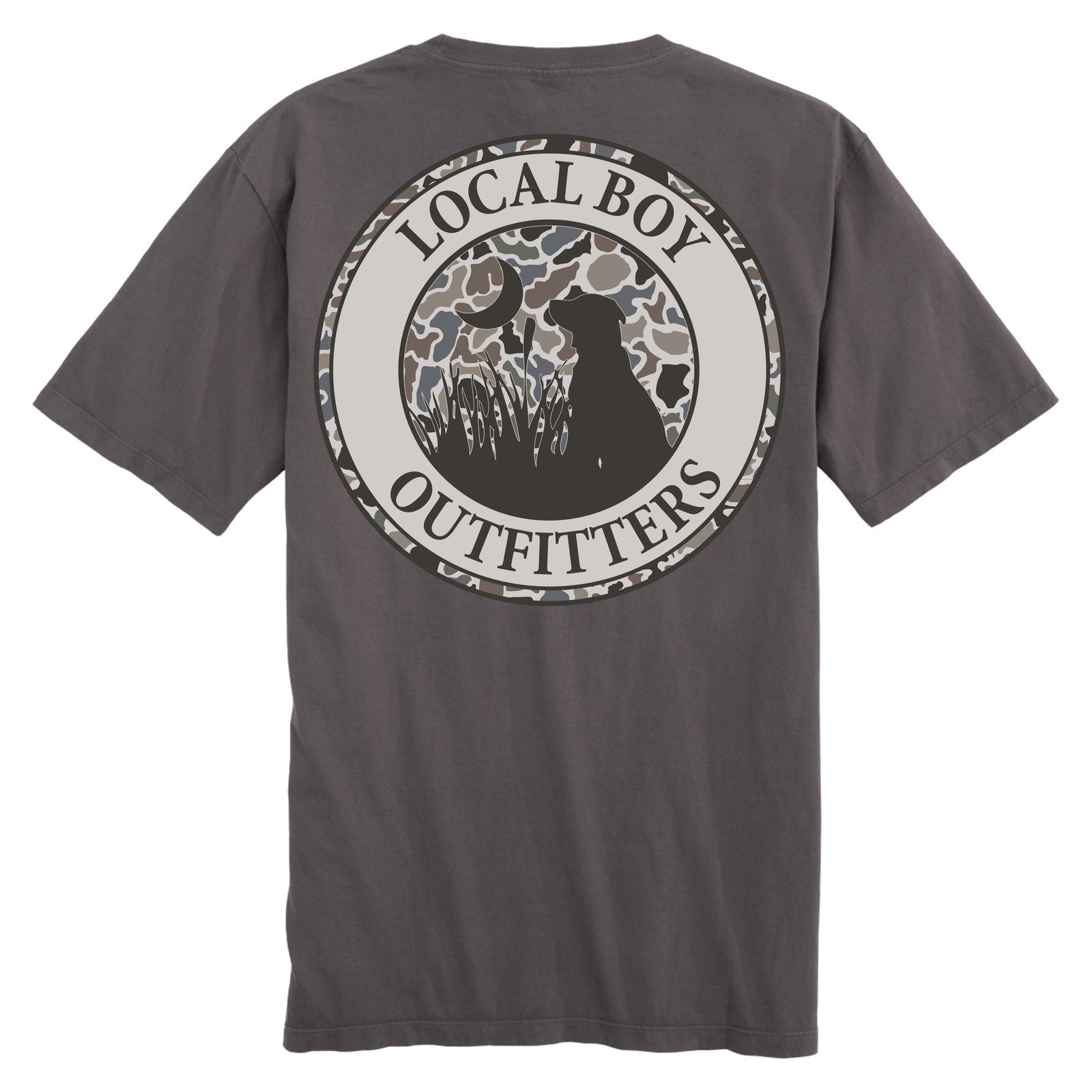 Local Boy Outfitters Gray Short Sleeve T-Shirt with circular camo logo featuring dog silhouette in marsh grass under crescent moon and Local Boy Outfitters text.