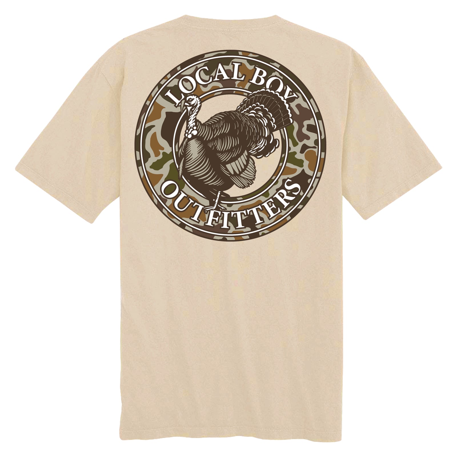 Beige t-shirt with 'Local Boy Outfitters' logo featuring a turkey on the back.