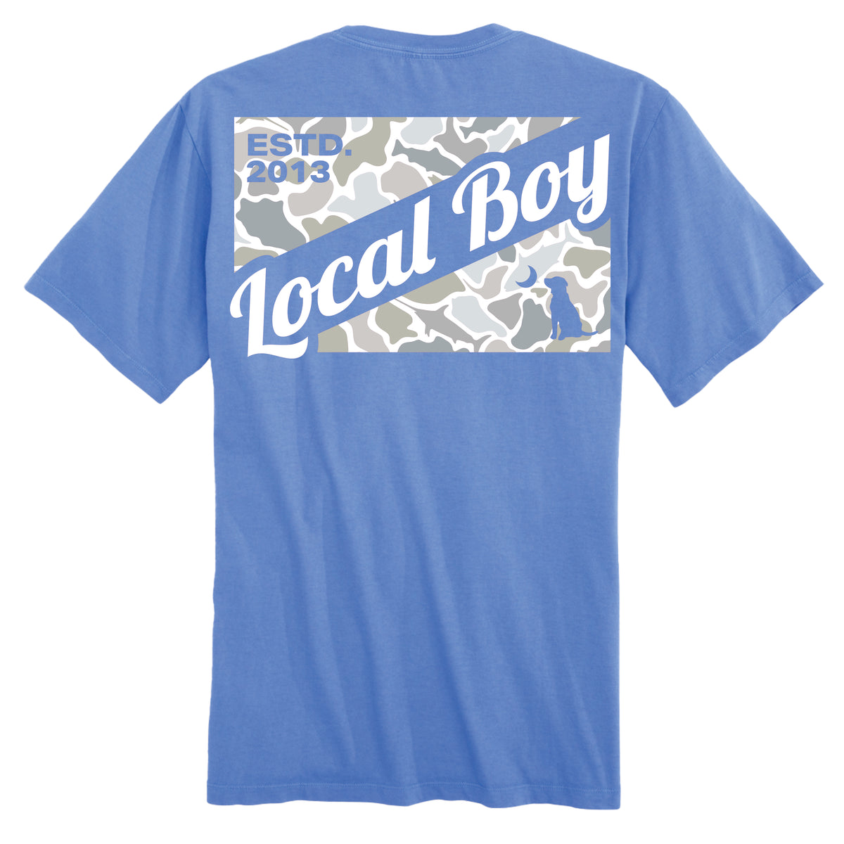 Marina Blue Short Sleeve T-Shirt Saltwater Camo Flag by Local Boy Outfitters shown on white background.
