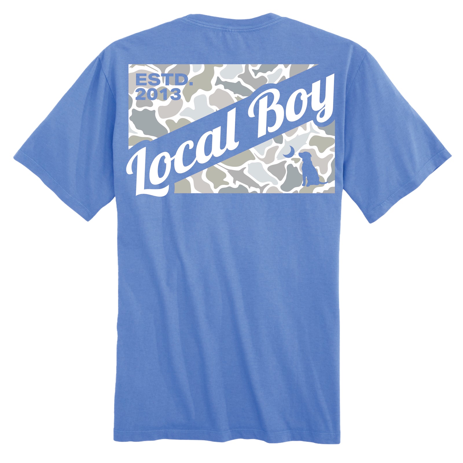 Marina Blue Short Sleeve T-Shirt Saltwater Camo Flag by Local Boy Outfitters shown on white background.
