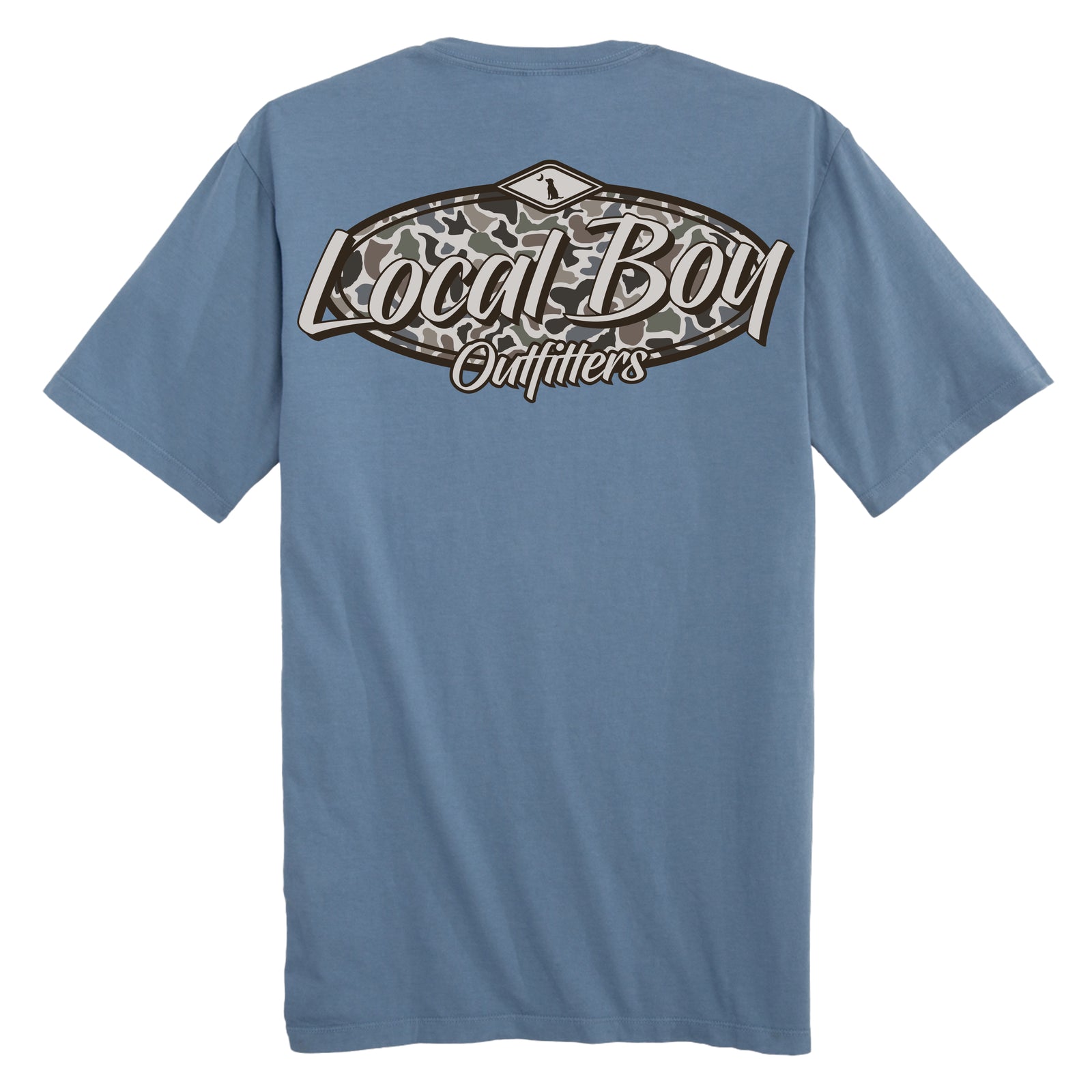 Local Boy Outfitters Slate Short Sleeve T-Shirt with oval camouflage logo and script Local Boy Outfitters graphic centered on back.
