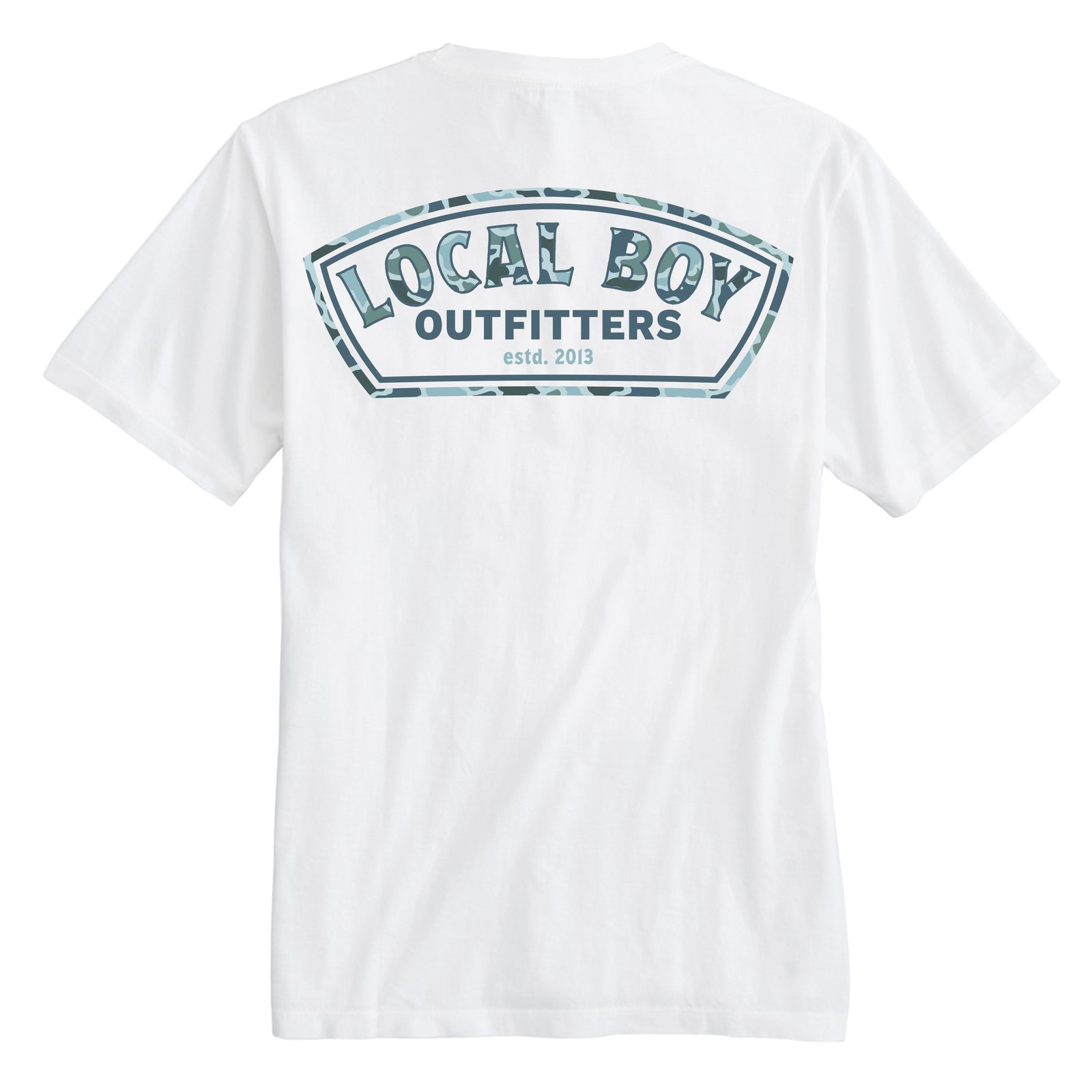 Local Boy Outfitters White Short Sleeve T-Shirt with arched Local Boy Outfitters logo, estd. 2013 detail, and camouflage border graphic on back.