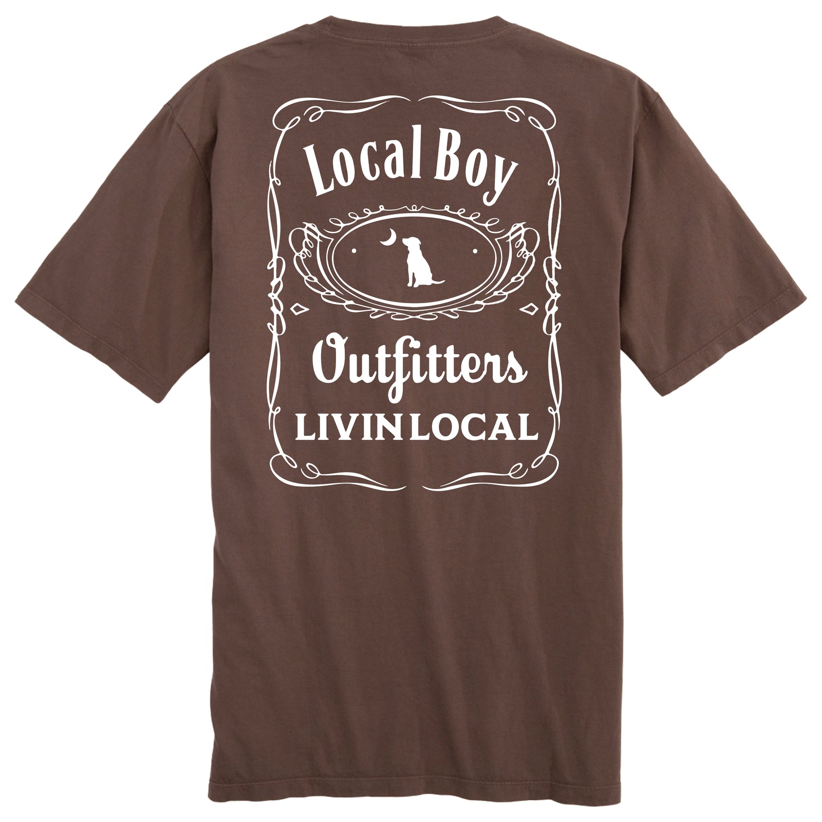 Espresso brown t-shirt with western style local boy outfitters white logo on back shown on a white background.