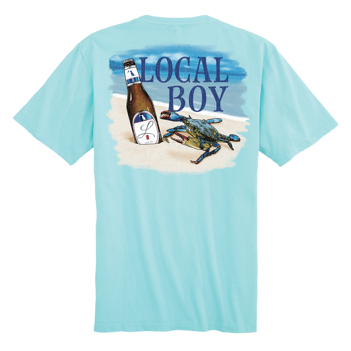 Light blue t-shirt with a graphic of a beer bottle and crab, and 'LOCAL BOY' text on the back.