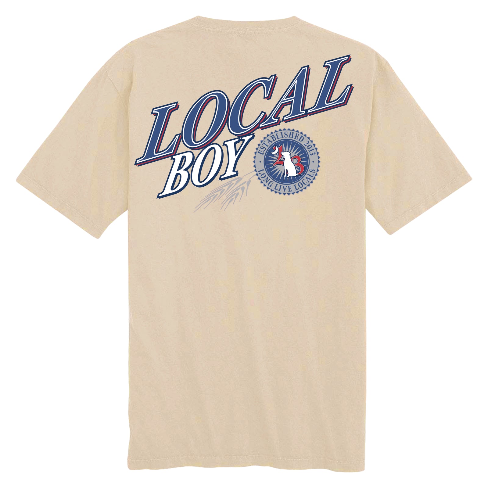 Tan t-shirt with vintage beer style Local Boy logo on back shown on a white background.