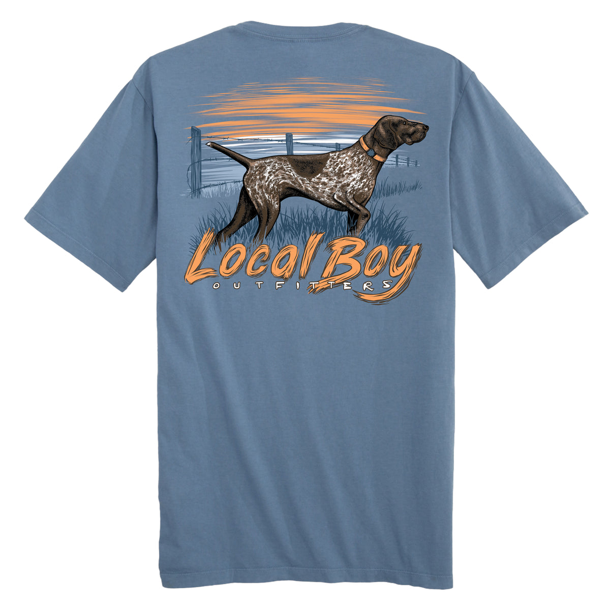 Local Boy Outfitters Slate Short Sleeve T-Shirt with back graphic of a German Shorthaired Pointer standing in marsh grass at sunset with orange sky and fence detail.