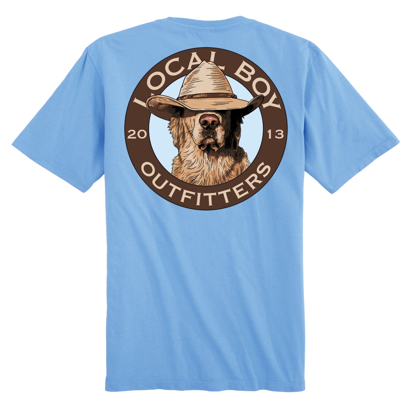 Light blue t-shirt with a dog wearing a hat graphic and 'Local Boy Outfitters' text on the back.