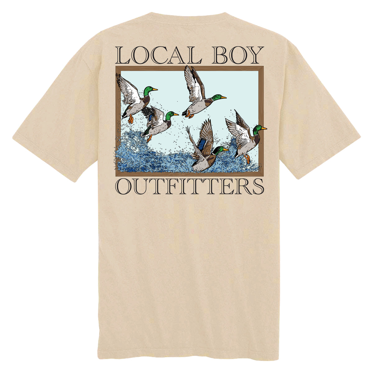 Local Boy Outfitters Latte Short Sleeve T-Shirt with back graphic of flying mallard ducks splashing over water inside a framed design with bold Local Boy Outfitters text.