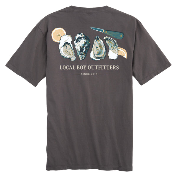Gray t-shirt with oyster graphic and 'Local Boy Outfitters' text on a white background
