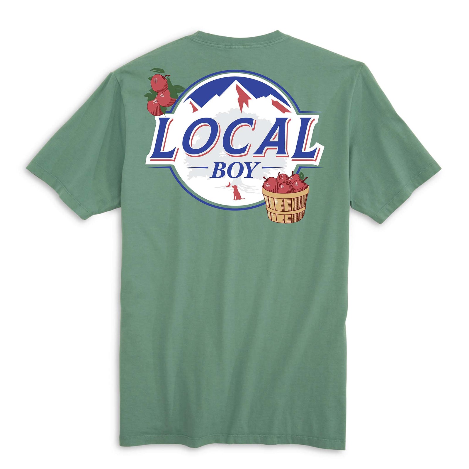 Local Boy short sleeve t-shirt in light green with large back graphic featuring red apples in a basket and the Local Boy logo over snowy mountain artwork.