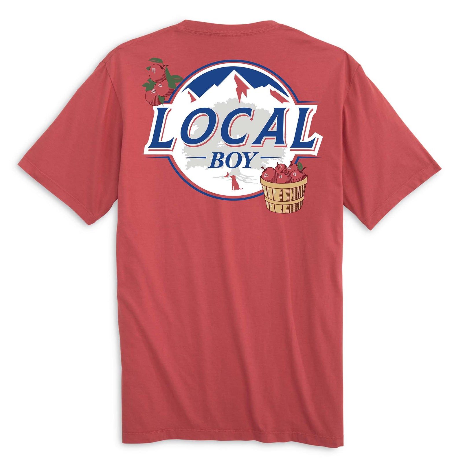 Local Boy Men's Bapple short sleeve t-shirt in brick red. Back design includes a mountain graphic with “LOCAL BOY” text and illustrations of apples and a basket of apples.