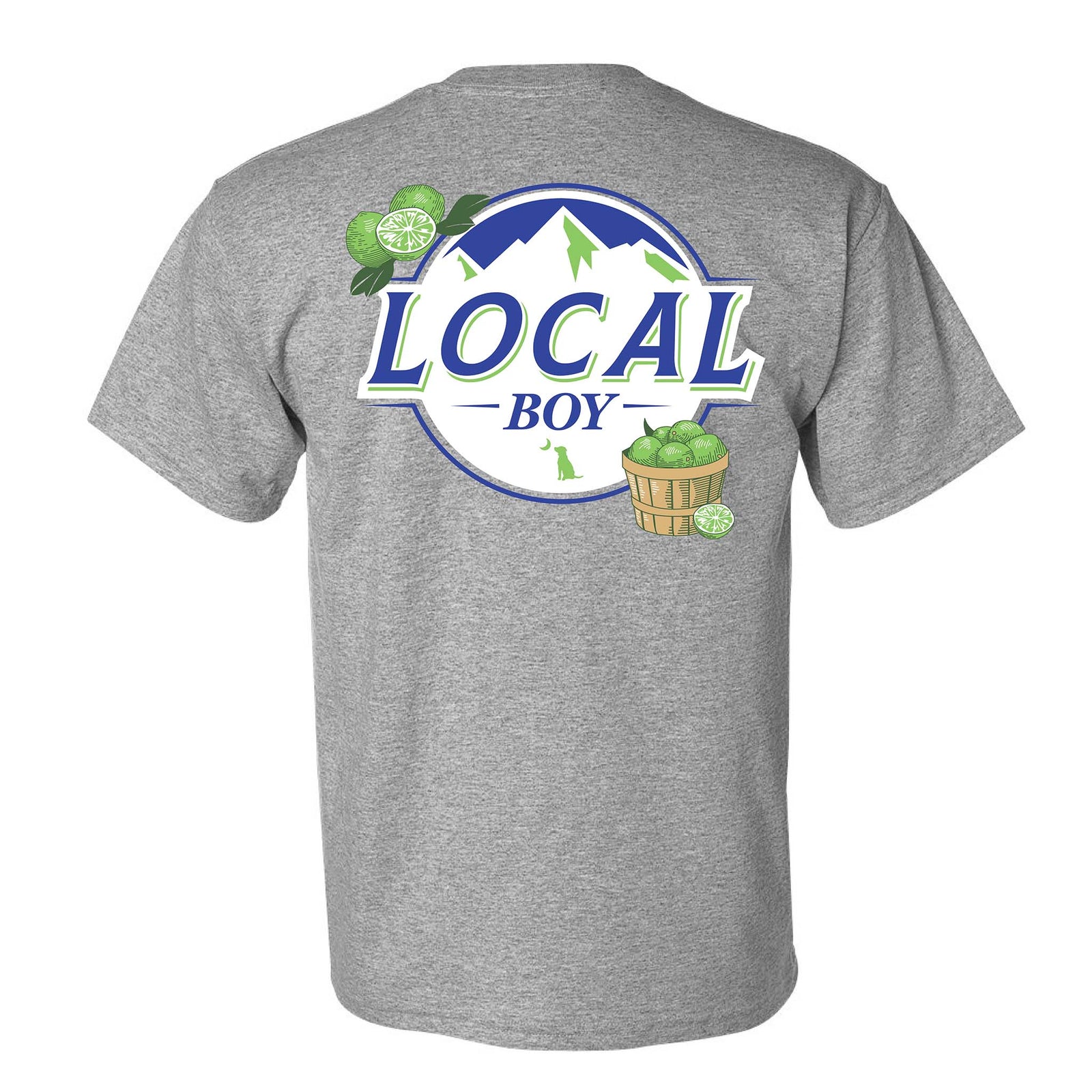 Local Boy short sleeve t-shirt in heather grey with large back graphic featuring green limes in a basket and the Local Boy logo over snowy mountain artwork.